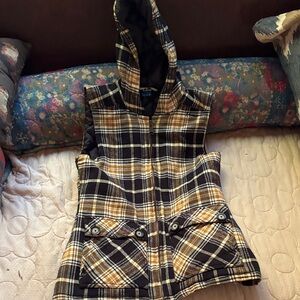 Kavu Black and Yellow Plaid Hooded Vest